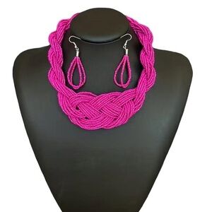 New! Beautiful Maroon Bright Pink Neon Statement Beaded Necklace Earrings Set